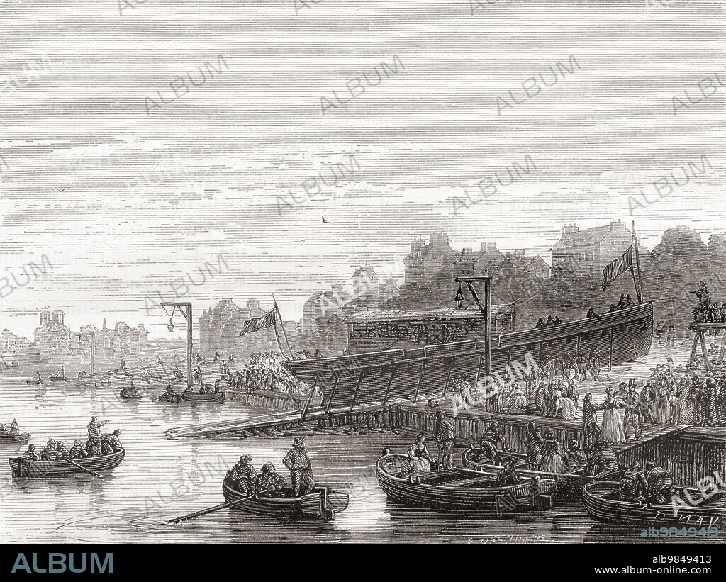 The launching of Claude de Jouffroy d'Abban's steamboat Charles-Philippe in 1816. The first steam navigation service on the Seine to regularly service the river route between Paris and Montereau in ÃƒÅ½le-de-France. From Les Merveilles de la Science, published 1870.
