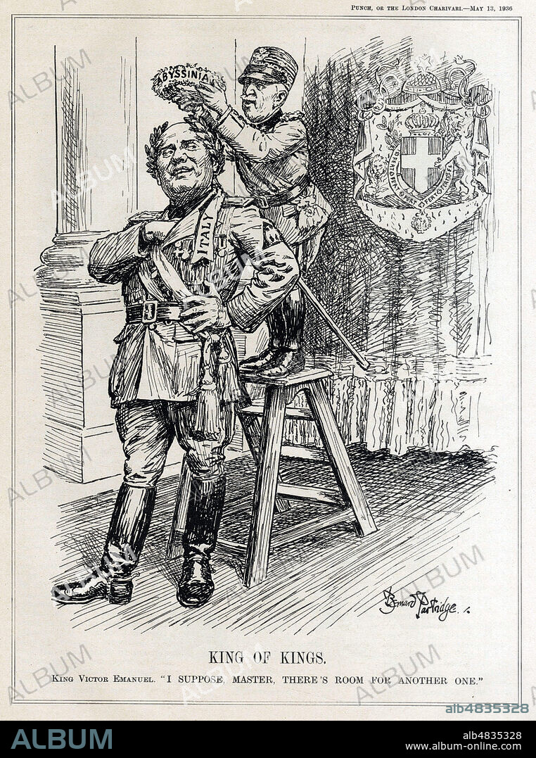 MUSSOLINI (1883-1945) se faisant couronne Roi des Rois (titre de Haile SELASSIE 1er) par le roi d'Italie VICTOR EMMANUEL III (1869-1947). Caricature de Bernard PARTRIDGE (1861-1945) tiree de la revue satirique britannique Punch du 13 mai 1936. Credit : Collection Jonas/Kharbine-Tapabor.