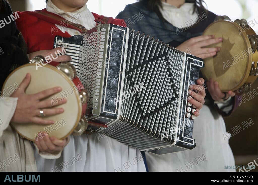 Basque Folklore, Accordion and tambourine, Trikitixa, Gipuzkoa, Euskadi, Spain.