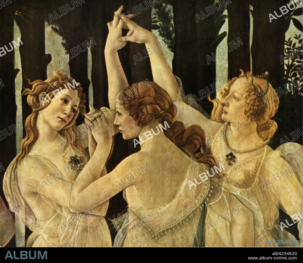 The Three Graces, detail from 'Primavera', c1478, (1937). Painting in the Uffizi, Gallery, Florence. From "Sandro Botticelli" by Lionello Venturi. [George Allen & Unwin Ltd, London, 1937].