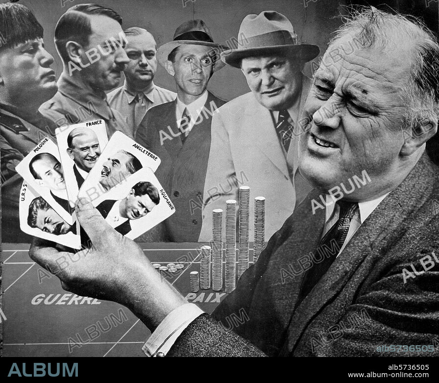 Roosevelt, Franklin D.; 32nd President of the USA (1933-45); 1882-1945. "Les atouts pour la paix" (caricature: US-President Roosevelt holds all trumps (Stalin, Beck, Daladier, Chamberlain Charles II) for peace in his hand. Caricature on Sudeten crisis, Sept. 1938. Photo montage, undat., by Marinus Jacob Kjeldgaard (1884-1964) (ascribed to).