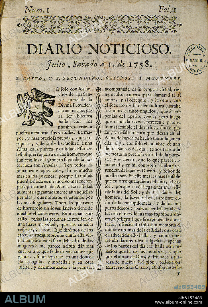 PORTADA DEL DIARIO NOTICIOSO - 1758 - PRIMER DIARIO ESPAÑOL EN LENGUA CASTELLANA.