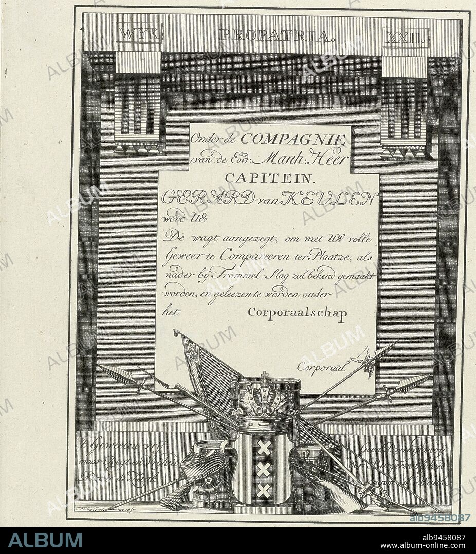 Marksman's bill for the company Pro Patria of Gerard van Keulen, ca. 1786-1787, Caspar Jacobsz. Philips, 1786 - 1787, Marksman's bill, unnamed, with call of the patriot militia Pro Patria, district XII for the company of Captain Gerard van Keulen, ca. 1786-1787. At bottom a trophy with arms, banners and the coat of arms of Amsterdam., print maker: Caspar Jacobsz. Philips, (mentioned on object), Caspar Jacobsz. Philips, (mentioned on object), Amsterdam, 1786 - 1787, paper, etching, engraving, h 223 mm × w 190 mm.