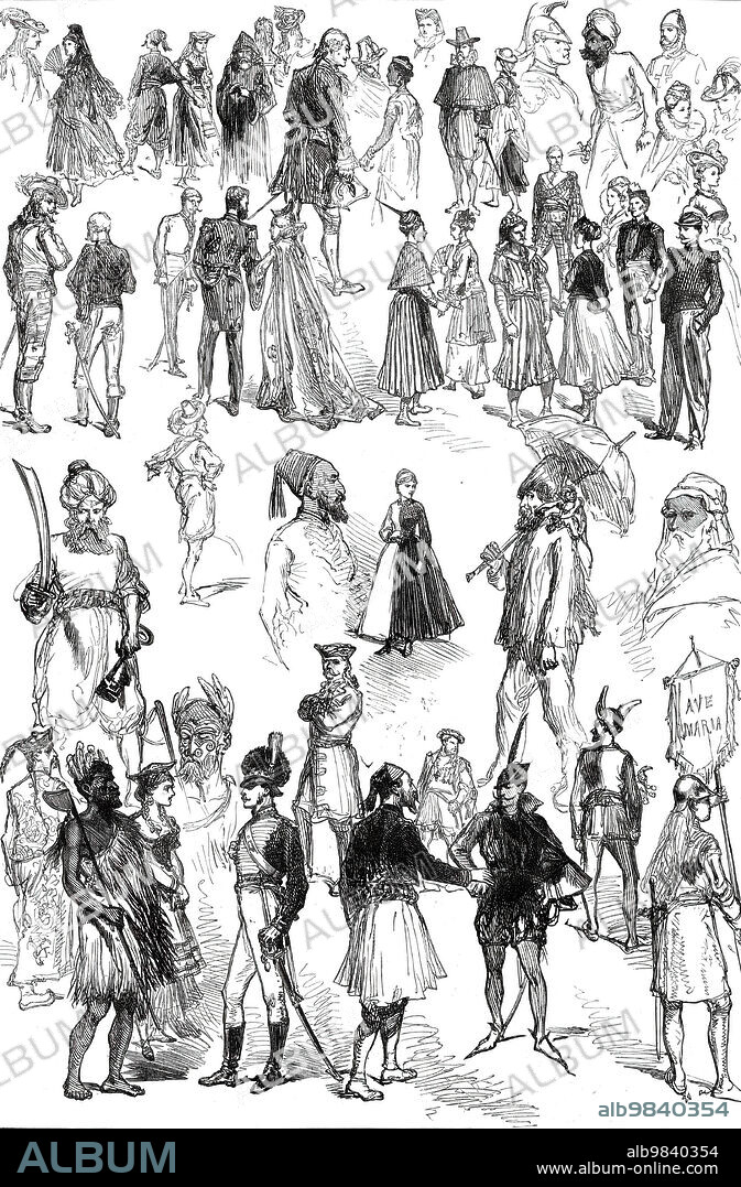 Notes at the Fancy-Dress Ball at Dublin Castle, 1876. Robinson Crusoe, with a pet monkey...Bluebeard, with his scimitar...a girl dressed half in black and half in white, to represent a magpie...a Tunisian in his tasselled fez...an Albanian chieftain giving his hand to Mephistopheles...a Maori from New Zealand...in reality no other than our correspondent Captain Robley, [with] paper and pencil, for a sketch, hidden under his apron of native flax...a Chinese mandarin...Joan of Arc, bearing her flag, inscribed "Ave Maria"...King Henry VIII...a Cavalier of Charles I.'s army with a Hungarian hussar...a peasant girl of Madeira...a Chinese lady...Scottish Highlanders, modern French soldiers, grim conspirators of the Gunpowder Plot, Sikhs of the Punjaub, Zouaves, and Knights Templars, monks in their cowled frocks, Elizabethan dames...Spanish, Italian, Greek, Tyrolese, and Hindoo females'. From "Illustrated London News", 1876.