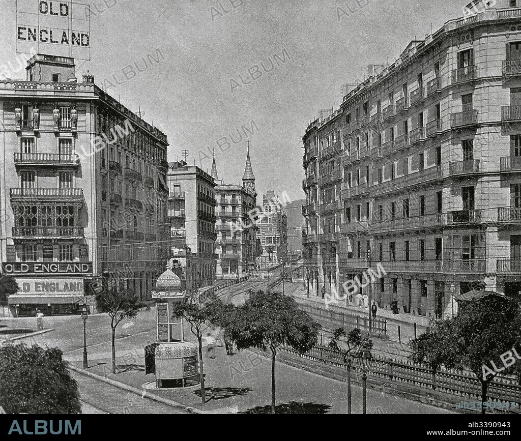 Spain. Catalonia. Barcelona. Late 19th century. Balmes street with the Sarria's railway. In the corner, the Old England store. Photography.