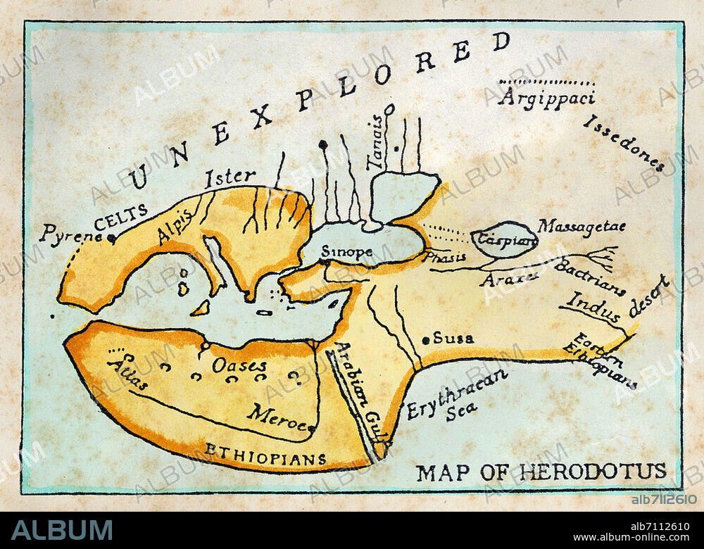 HERODOTUS 'Map of Herodotus' reconstruction of the world according to the descriptions of the greek historian writing in his 'Stories', English edition of the nineteenth century.