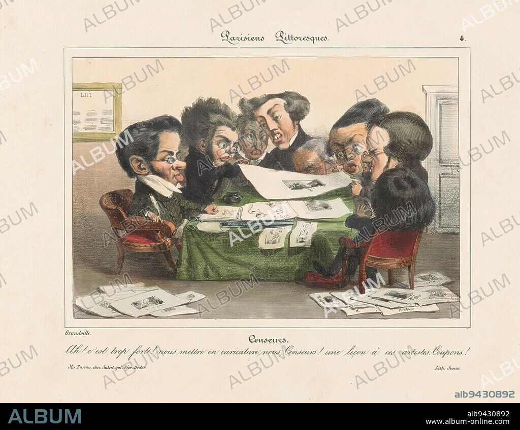Caricature of French Censors, Censeurs (title on object), Parisiens Pittoresques (series title on object), Eight French censors bend over a table of prints with caricatures. Text on verso., print maker: Jean Ignace Isidore Gérard Grandville, (mentioned on object), printer: Junca, (mentioned on object), publisher: Aubert & Cie., (mentioned on object), Paris, 1835, paper, height 258 mm × width 324 mm.