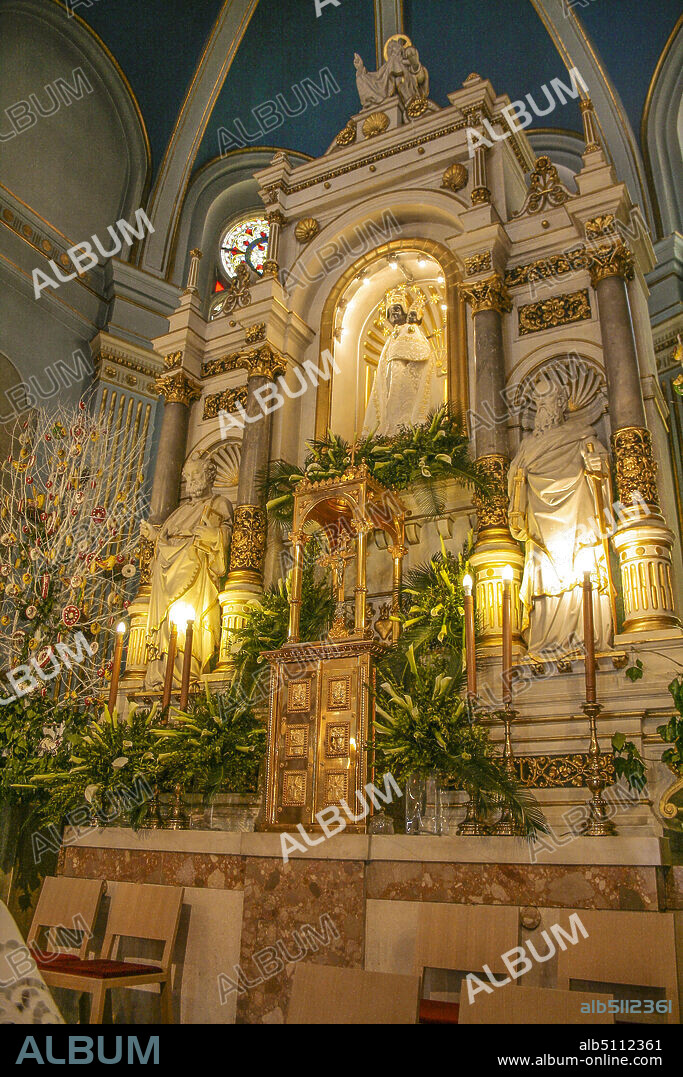 The shrine of Marija Bistrica, Croatia, Europe. Marija Bistrica is the largest sanctuary Marian of Croatia, is located in the part southeast of Croatian Zagorje on the northern slopes of the mountain above Zagreb is about forty kilometers away from the capital. Interior of the church, the altar with the statue of the Virgin Mary of Bistrica.