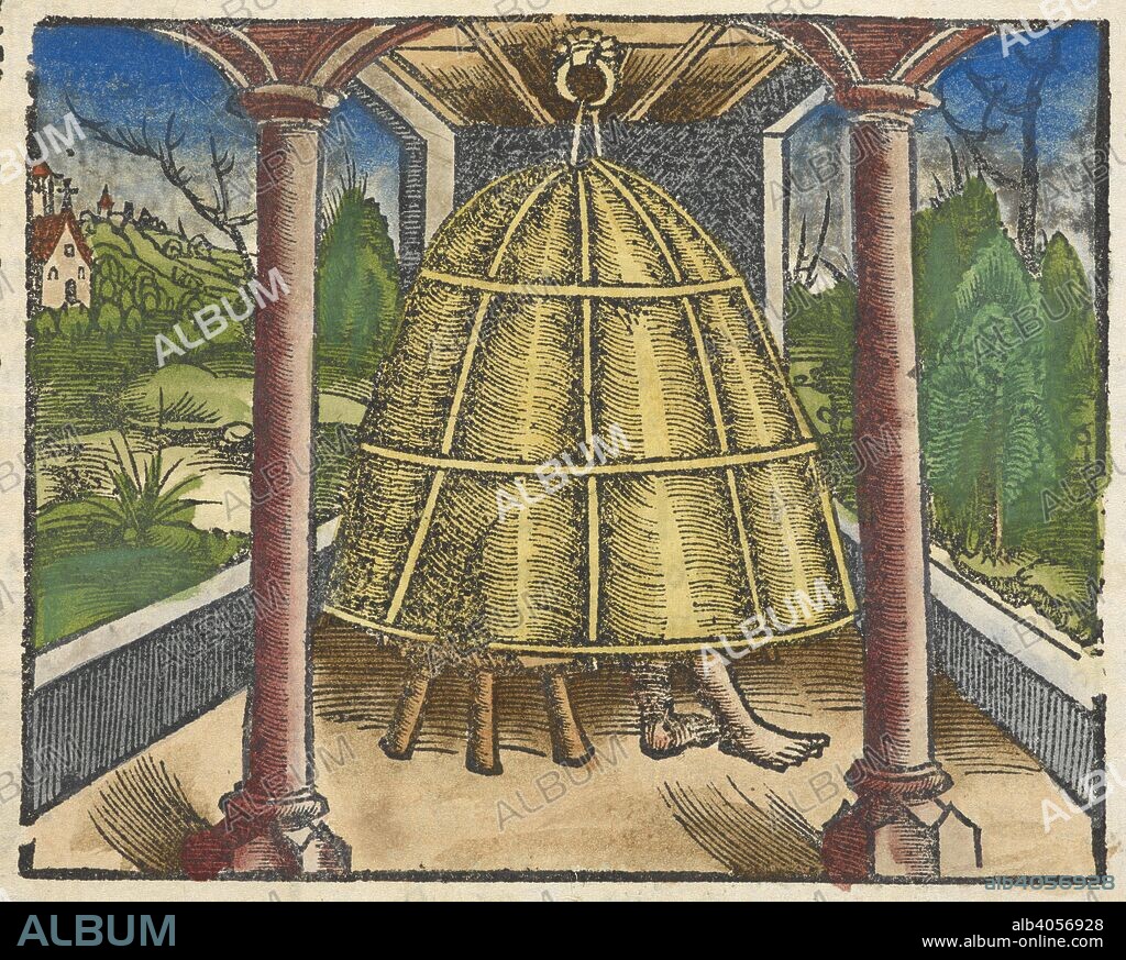 HIERONYMUS BRAUNSCHWEIG. Coloured woodcut showing a person inside a container suspended from a roof. Das buch zu distillieren die zusamen gethonen ding Composita genant, durch die eintzigeÌ„ ding, und das buch Thesaurus pauperuÌ„, fuÌˆr die armen ... geoffenbart, etc. [With woodcuts.]. Durch I. GruÌˆninger: Strassburg, 1519. Source: C.64.g.7 page CCXCr.