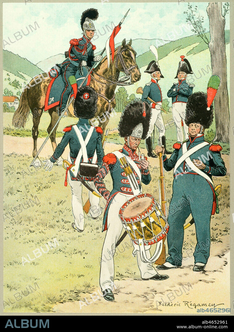 1820. Garde nationale de Strasbourg, Colmar et Mulhouse. De gauche a droite, un chasseur (Colmar), un garde nationale a cheval (Mulhouse), un tambour des grenadiers (strasbourg), un musicien (Strasbourg), un chasseur (strasbourg), un officier (strasbourg). Illustration de Frederic REGAMEY (1849-1925) tiree du recueil de planches : Les garnisons d'Alsace au 19eme siecle, publie vers 1911. Credit : Collection Mx/Kharbine-Tapabor.