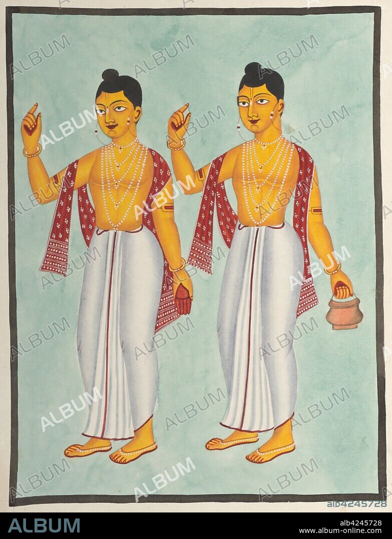 Gaur and Nitai, 1800s. India, Calcutta, Kalighat painting, 19th century. Black ink, color paint, and some graphite underdrawing on paper; painting only: 27.8 x 21.3 cm (10 15/16 x 8 3/8 in.).