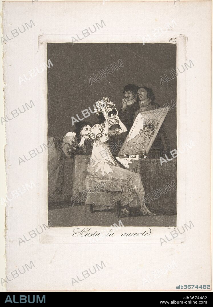 Plate 55 from 'Los Caprichos': Until death' (Hasta la muerte.). Artist: Goya (Francisco de Goya y Lucientes) (Spanish, Fuendetodos 1746-1828 Bordeaux). Dimensions: Plate: 8 3/8 × 5 15/16 in. (21.3 × 15.1 cm)
Sheet: 11 5/8 × 8 1/4 in. (29.5 × 21 cm). Series/Portfolio: Los Caprichos. Date: 1799.