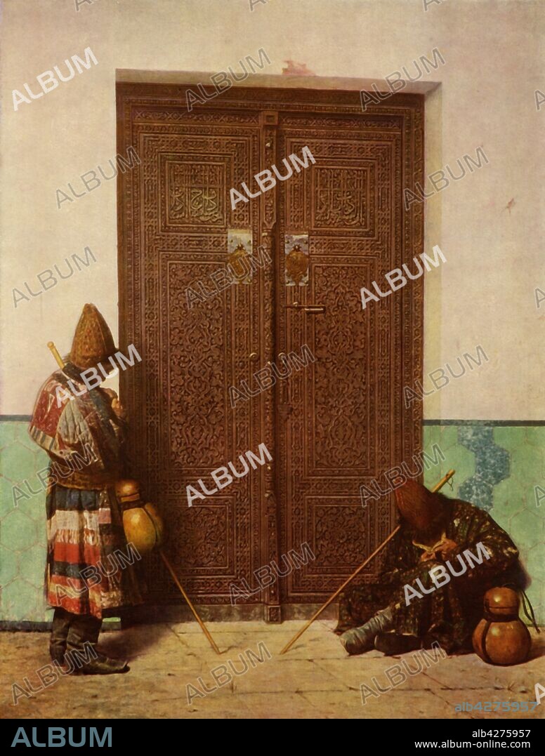 VASILY VERESHCHAGIN. 'The Door to the Timur Gur-Emir Mausoleum', 1873, (1965). The Gur-e-Amir Mausoleum in Samarkand, Uzbekistan, tomb of Timur (1336-1405). Amir Timur (or Tamerlane), was a Turco-Mongol conqueror and founder of the Timurid Empire in Persia and Central Asia, the first ruler in the Timurid dynasty. Painting, also known as 'At the doors of a Mosque', in the State Russian Museum, St Petersburg. From "Russian Painting of the 18th and 19th Centuries" by Vladimir Fiala. [Artia, Czechoslovakia, 1965].