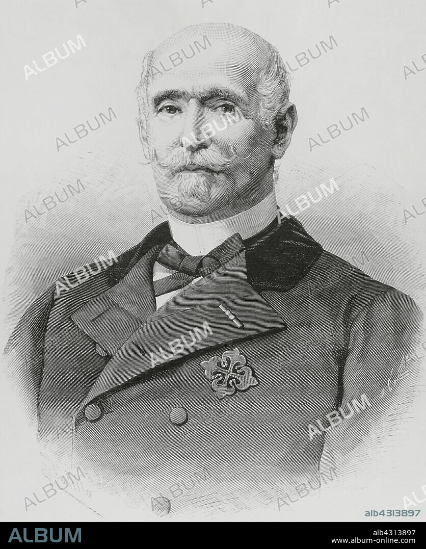 ARTURO CARRETERO (CA. 1852-1903). SPANISH ENGRAVER AND XYLOGRAPH. FÉLIX BADILLO (1848-1895). SPANISH ILLUSTRATOR.. Francisco Javier Arias Dávila Matheu y Carondelet (1812-1890). 13th Count of Puñonrostro. Spanish military officer and politician. In September 1864 he was promoted to lieutenant general and appointed director general of Artillery. He held office of mayor of Madrid from January 1864 to January 1865. After the revolution of 1868, he remained loyal to Queen Isabella II. He was banished in 1871 for refusing to recognise Amadeo I. By the Restoration, in 1875, he was once again assigned to the Directorate-General of Artillery, a charge he held until 1881. Appointed president of the Senate on 16 May 1884, post from which he took office on 19th. Portrait. Drawing by Badillo. Engraving by Arturo Carretero. La Ilustración Española y Americana (The Spanish and American Illustration), June 15, 1884.