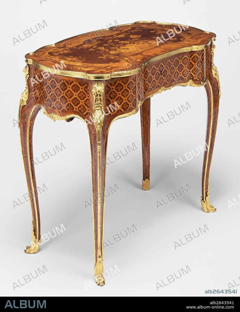 Writing and Toilette Table; Jean-François Oeben, French, born Germany, 1721 - 1763, master 1761; Paris, France, Europe; about 1754; Oak veneered with kingwood, amaranth, tulipwood, and other stained and natural exotic woods; leather; silk; gilt-bronze mounts; Object: H: 71.1 x W: 80 x D: 42.8 cm (2 ft. 4 in. x 2 ft. 7 1/2 in. x 1 ft. 4 7/8 in.).