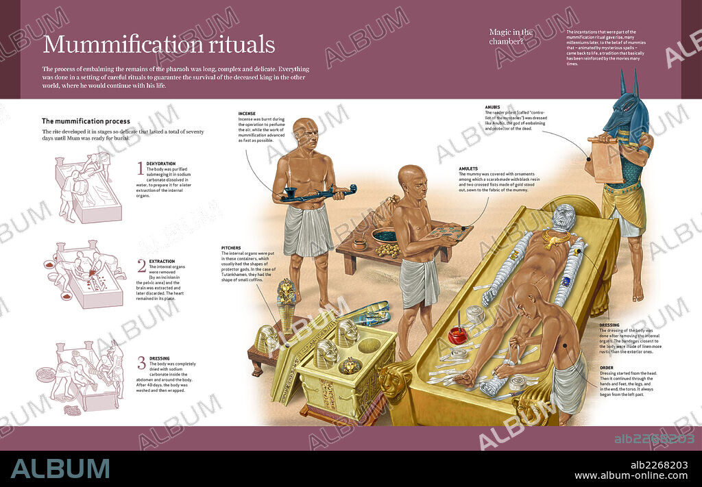 Rituales de la momificación. Infografía del proceso que seguían los egipcios para momificar cuerpos.
