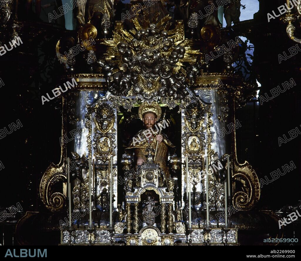 Spain. Galicia. Cathedral of Santiago de Compostela. Main altar, detail. Statue of saint James. 12th century.
