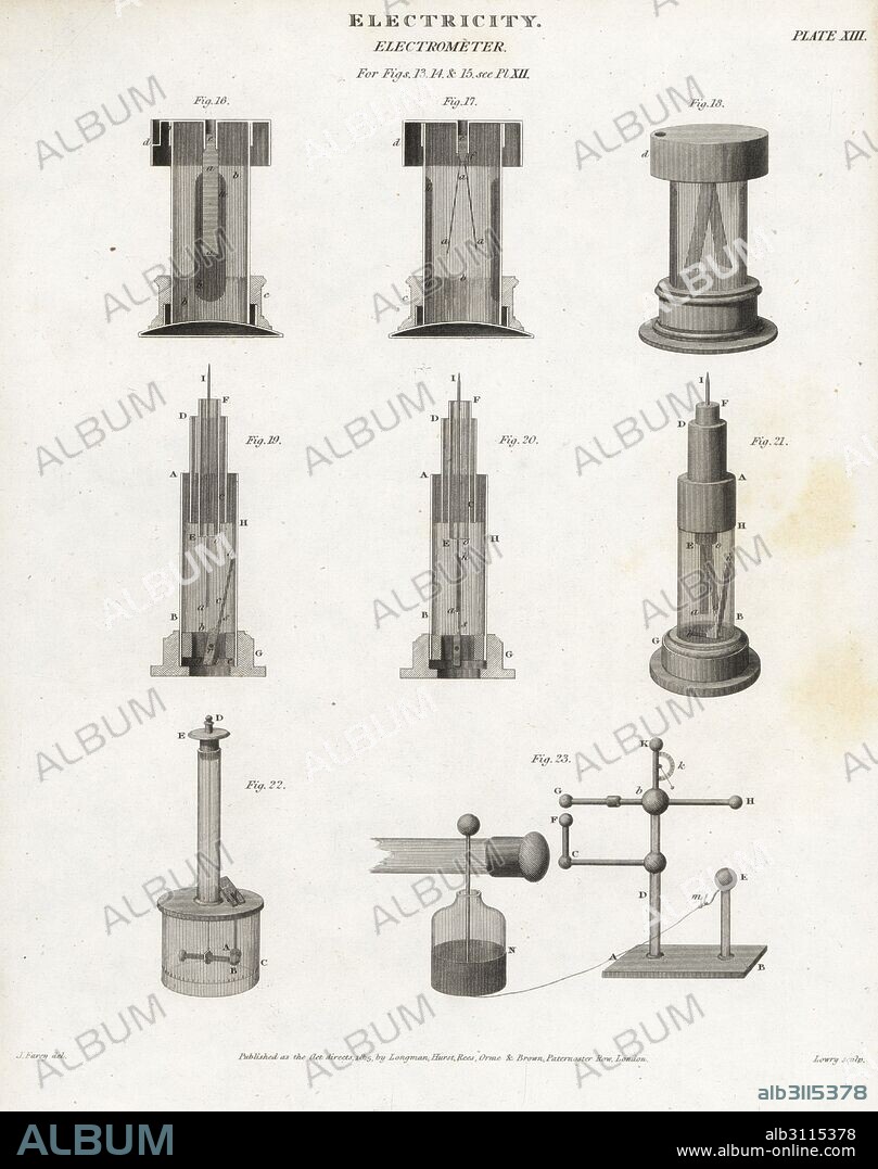 Electrometers, 18th century. Copperplate engraving by Wilson Lowry after John Farey from Abraham Rees' Cyclopedia or Universal Dictionary of Arts, Sciences and Literature, Longman, Hurst, Rees, Orme and Brown, London, 1815.