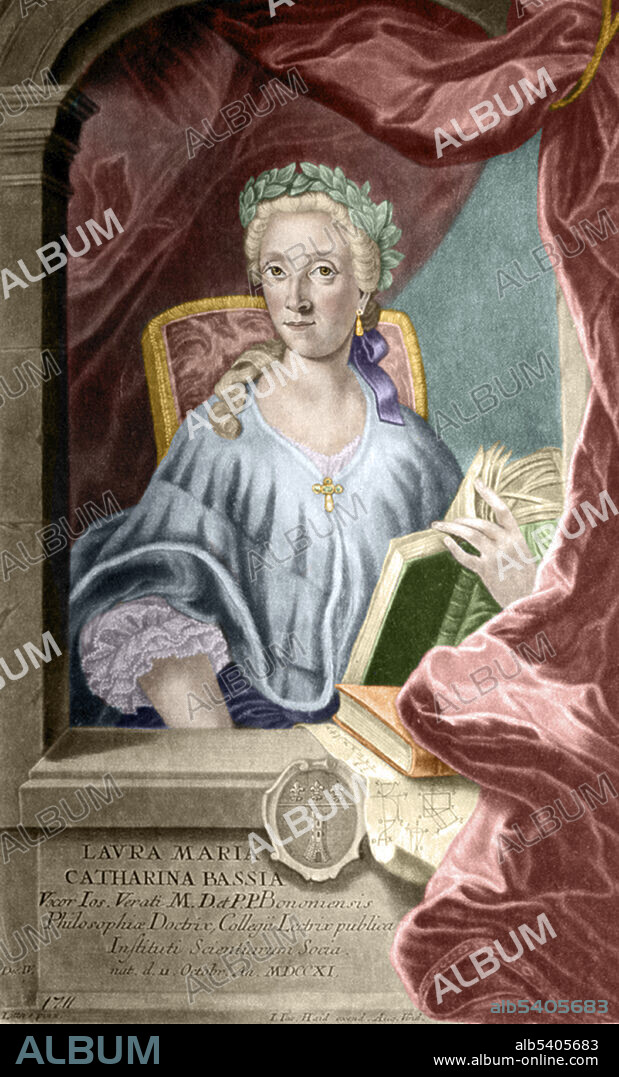 Laura Maria Caterina Bassi (October 1711 - February 20, 1778) was an Italian physicist and academic. She received a doctoral degree in Philosophy from the University of Bologna in May 1732. She was the first woman to earn a professorship in physics at a university. She is recognized as the first woman in the world to be appointed a university chair in a scientific field of studies. Bassi married Giuseppe Veratti, a doctor of philosophy and medicine and a fellow lecturer in physics at the University of Bologna. They shared a sophisticated working relationship; it is argued that through their marriage Bassi was inspired to begin studying experimental physics. They had twelve children together, of whom only five survived infancy. She was one of the key figures in introducing Newton's ideas of physics and natural philosophy to Italy. She also carried out experiments of her own in all aspects of physics. In order to teach Newtonian physics and Franklinian electricity, topics that were not focused in the university curriculum, Bassi gave private lessons. In her lifetime, she was the author of 28 papers, the majority of these on physics and hydraulics, although she did not publish any books. Only four of her papers were printed. She died in 1778 at the age of 67. Lithograph by A. di Lorenzo, undated.