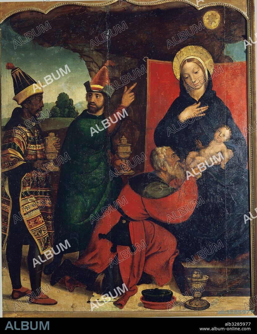 Juan de Borgoña (Ducado de Borgoña, h.1470-Toledo, 1535). Pintor español de origen francés, activo en Toledo entre 1495 y 1536. ADORACION DE LOS REYES MAGOS. Hacia 1520. Tabla.Tamaño: 130 x 105 cm. Museo de la Universidad. Escuelas Menores. Salamanca. Castilla-León. España.
