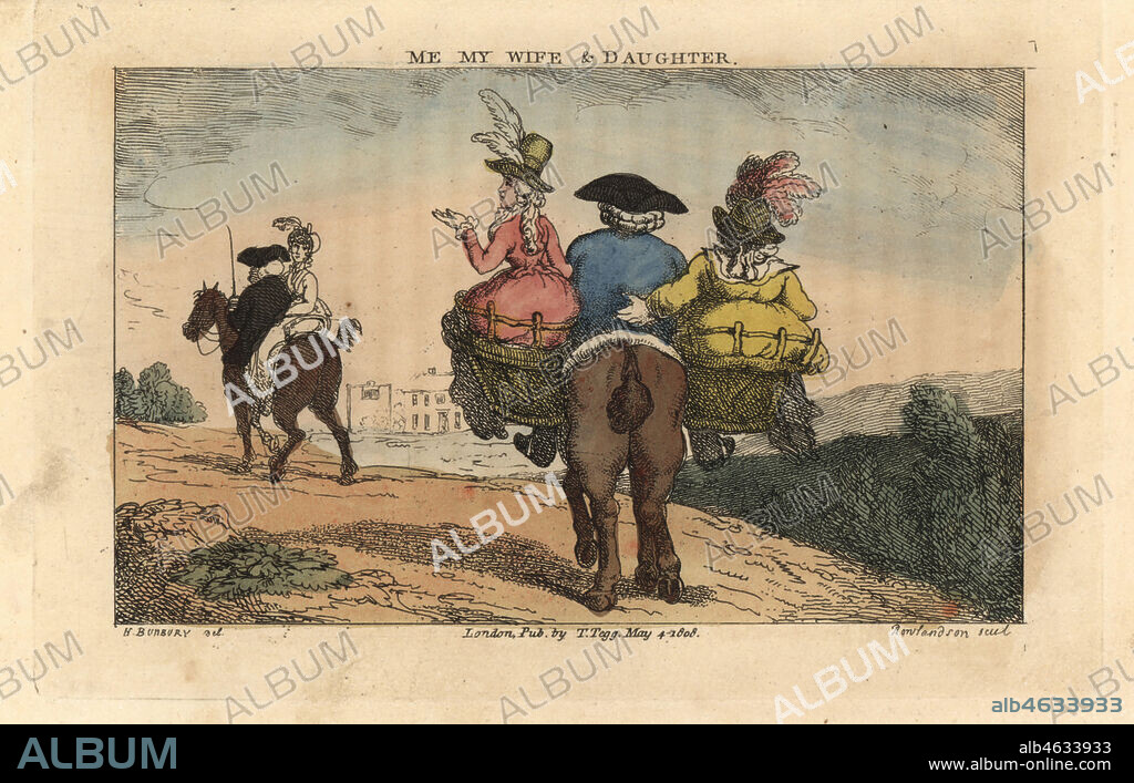 Regency man riding on a horse with two women in seats mounted pillion in pannier basket seats beside him.. Parson and lady riding sidesaddle ahead. Me, My Wife and Daughter. Handcoloured copperplate engraving by Thomas Rowlandson after an illustration by Henry Bunbury from Geoffrey Gambados An Academy for Grown Horsemen and Annals of Horsemanship, London, 1809.