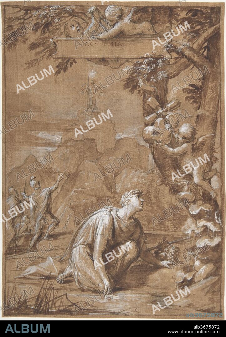 Allegorical Composition with a Young Man Kneeling before a Tree. Artist: Giovanni Angelo Canini (Italian, Rome 1615-1666 Rome). Dimensions: 9-7/16 x 6-5/8 in.  (24.0 x 16.9 cm). Date: 1615-66.