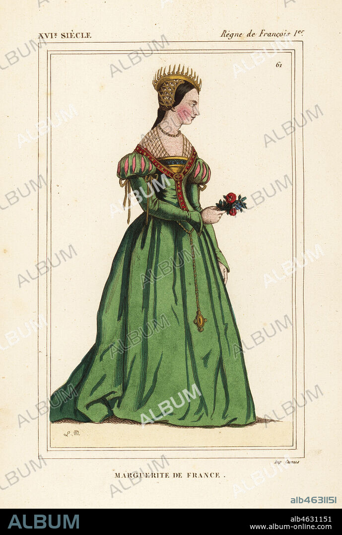 Marguerite de Navarre, Marguerite de Valois, Margaret of France, daughter of King Francis I of France 1523-1574. Handcoloured lithograph by Leopold Massard after a portrait in Roger de Gaignieres' portfolios from Le Bibliophile Jacob aka Paul Lacroix's Costumes Historiques de la France (Historical Costumes of France), Administration de Librairie, Paris, 1852.