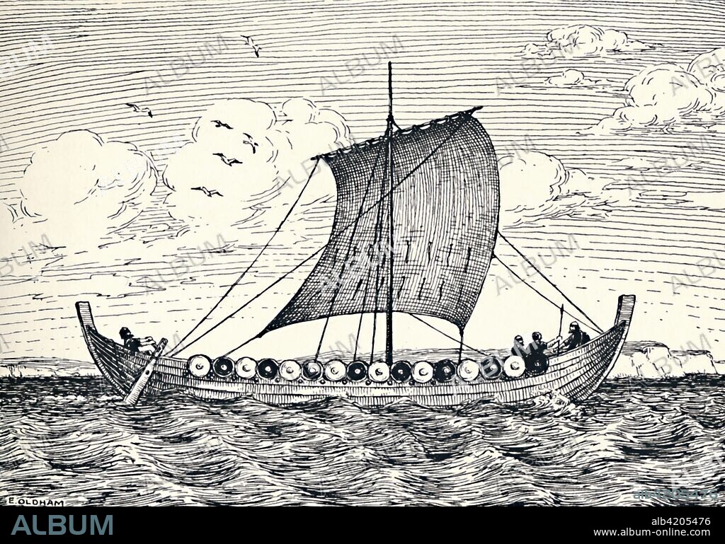 'The Gokstad Ship - A reconstruction', 1935. Modern imagining of how the 9th-century Viking ship would have looked under sail. Used for a Viking ship burial, the Gokstad Ship was excavated in 1880 in Sandar, Norway. From A History of the Anglo-Saxons, Vol. II, by R. H. Hodgkin. [The Clarendon Press, Oxford, 1935].