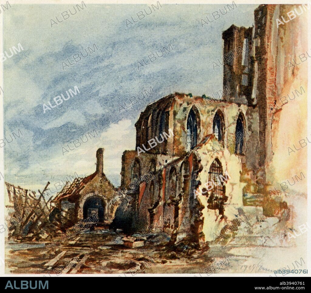 'Ruins of a Cloister in Messines', December 1914. Adolf Hitler often claimed to be a frustrated artist, and art was one of his major interests throughout his life. He produced many paintings, predominantly landscapes, postcard scenes and urban views, and there was a considerable market for his work during the Third Reich. This example of his work was reproduced in a coffee table book about Hitler published during the Third Reich, millions of copies of which were printed. By 1938 Hitler had decided to prohibit reproductions of his paintings. A print from Adolf Hitler. Bilder aus dem Leben des Führers, Hamburg: Cigaretten/Bilderdienst Hamburg/Bahrenfeld, 1936.