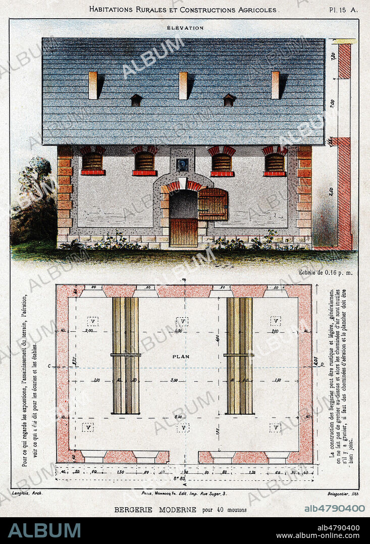 Bergerie moderne pour 40 moutons. Illustration anonyme de 1891 pour l'ouvrage 'Nouvelles habitations rurales et Constructions agricoles'. Credit : Collection Kharbine-Tapabor.