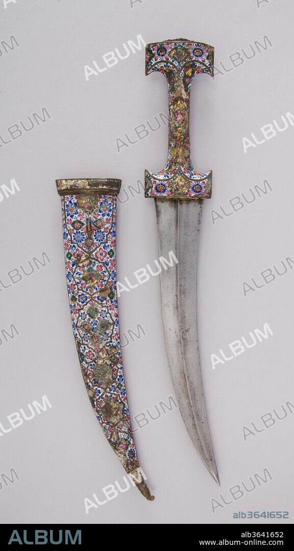 Dagger (Jambiya) with Sheath. Culture: Persian, Qajar. Dimensions: H. with sheath 19 5/16 in. (49.1 cm); H. without sheath 17 13/16 in. (45 cm); H. of blade 11 1/2 in. (29.2 cm); W. 2 11/16 in. (6.8 cm); Wt. 1 lb. 3 oz. (538.6 g); Wt. of sheath 11.6 oz. (328.9 g). Date: early 19th century.