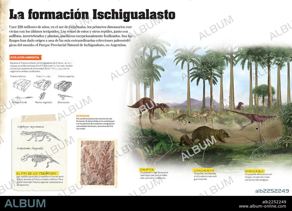 The Ischigualasto geological formation. Infographics showing the Ischigualasto geological formation in Ischigualasto Provincial Natural Park in Argentina, where many dinosaur fossils from the Triassic period in the Mesozoic era have been found.