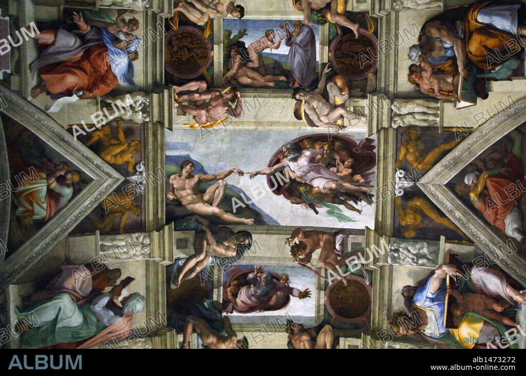 Michelangelo (Michelangelo Buonarroti) (1475-1564). Italian artist. Ceiling of Sistine Chapel. Detail with The Creation of Adam. Fresco. C.1512. Vatican Museums. Vatican City.