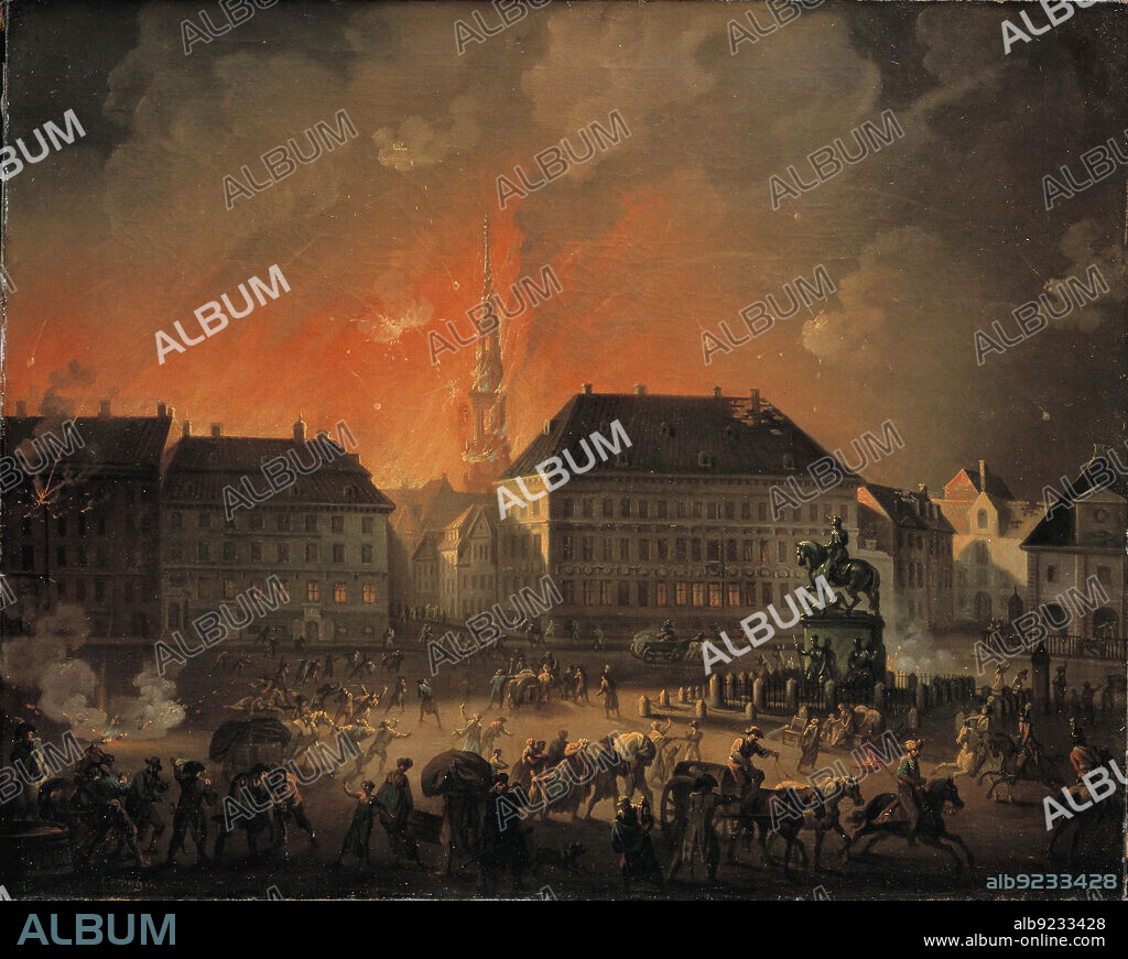CHRISTIAN AUGUST LORENTZEN. The Most Terrible Night. View of Kongens Nytorv (King's New Square) in Copenhagen During the English Bombardment of Copenhagen at Night between 4 and 5 September 1807, 1807-1808.
