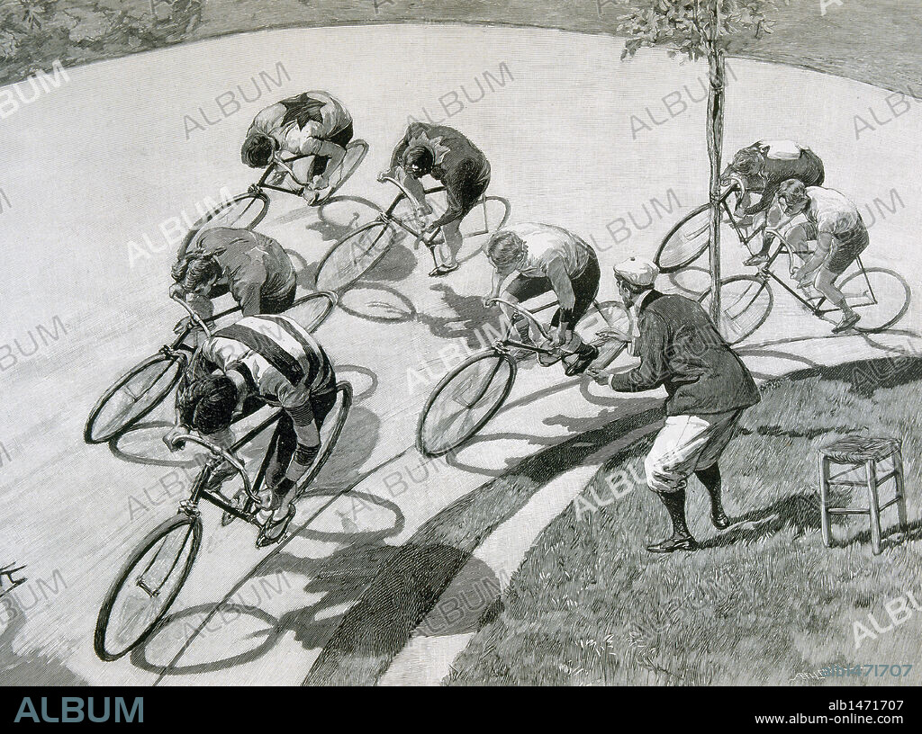 Carrera de bicicletas en el velódromo. Grabado del año 1896. S. XIX.