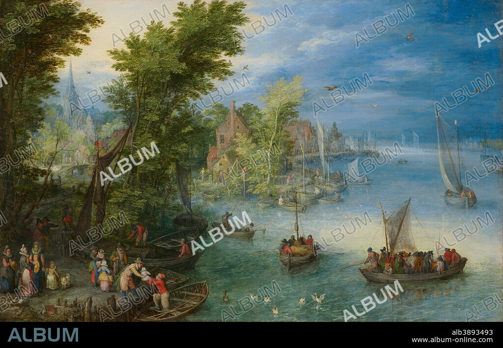 JAN BRUEGHEL THE ELDER. River Landscape. Date/Period: 1607. Painting. Oil on copper. Height: 20.7 cm (8.1 in); Width: 32.1 cm (12.6 in).