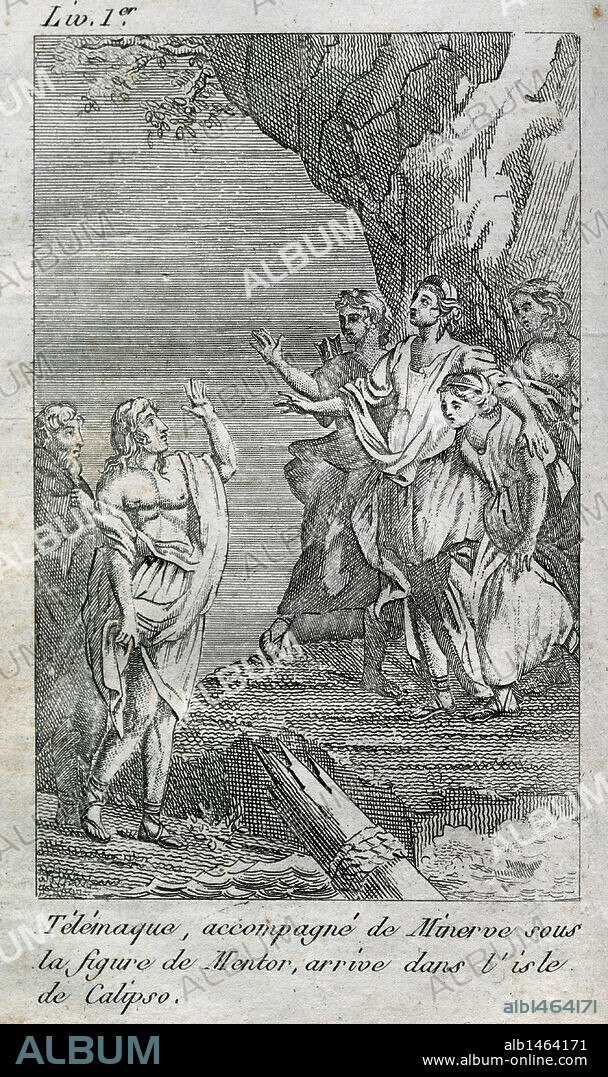 Francois Fenelon (1651-1715). French archbishop, theologian and writer. The Adventures of Telemachus, 1699. Engraving depicting Telemachus with MInerva arrives on the island of Calypso. Book One. Prince Edition. Episcopal Library of Barcelona. Spain.