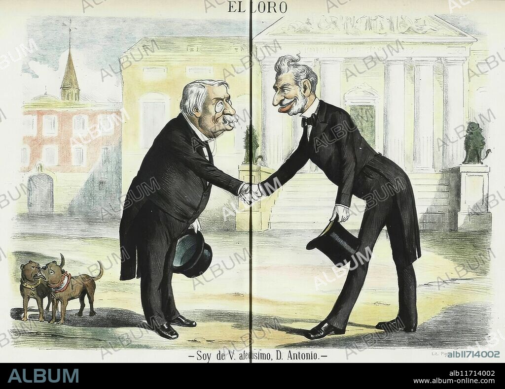 Caricatura de la revista satírica "El Loro", de 1882. Antonio Cánovas del Castillo a la izquierda, con monóculo, y Práxedes Mateo Sagasta a la derecha, estrechando manos en el Congreso de los Diputados, al fondo. El "turnismo" en la Restauración borbónica, siglo XIX.
