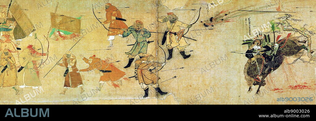 7th drawing from the first roll of the Illustrated Account of the Mongol invasion of Japan, showing Samurai Takezaki Suenaga fighting back Mongolian warriors, during the Battle of Bun'ei, in 1274.