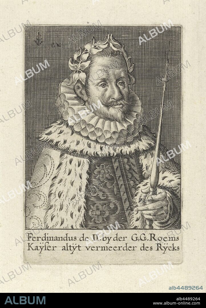 Portrait of Ferdinand II, German emperor, crown (symbol of sovereignty), insignia and symbols of sovereignty (crown, diadem, scepter, orb, seal, standard, cloak, pectoral), Ferdinand II ( German emperor), anonymous, Amsterdam, 1619 - 1652, paper, engraving, h 105 mm × w 69 mm.