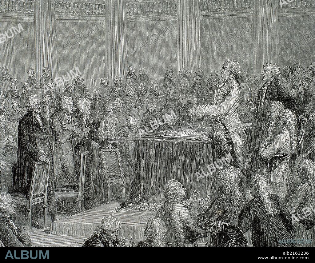 Frech Revolution 1787-1799.  Louis XVI was forced to adopt the Constitution of 1791 by the National Assembly. Engraving by Meyer Heine, 1900.