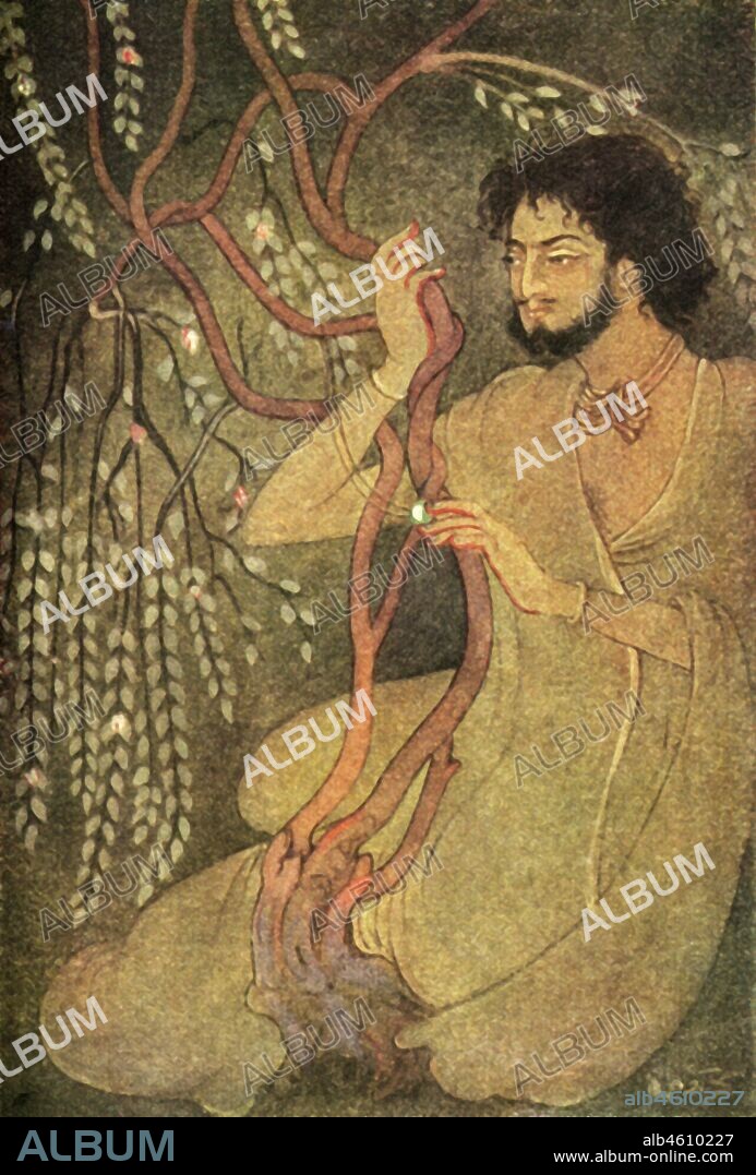 'Pururavas', 1920. Pururavas, first king of the Aila dynasty associated with Surya (the sun) and Usha (dawn), accidentally touched the apsara Urvashi and longed to be reunited with her. From "Myths of the Hindus & Buddhists", by The Sister Nivedita and Ananda K. Coomaraswamy. [George G. Harrap & Company Ltd, London, 1920].