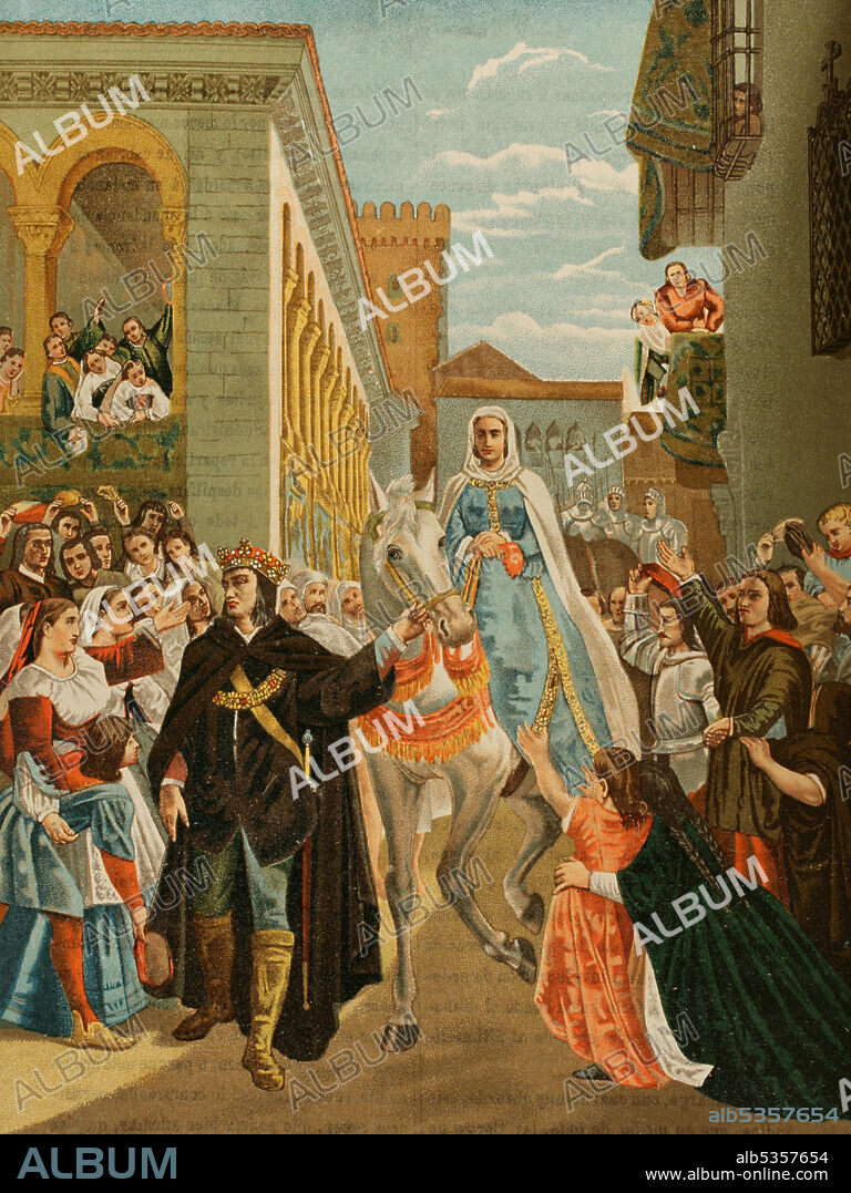 Enrique IV de Castilla (1425-1474) el Impotente presentando a su hermana Doña Isabel (la futura reina Isabel I la Católica) al pueblo de Segovia. Cromolitografía. Historia General de España, por Miguel Morayta. Tomo III. Madrid, 1890.