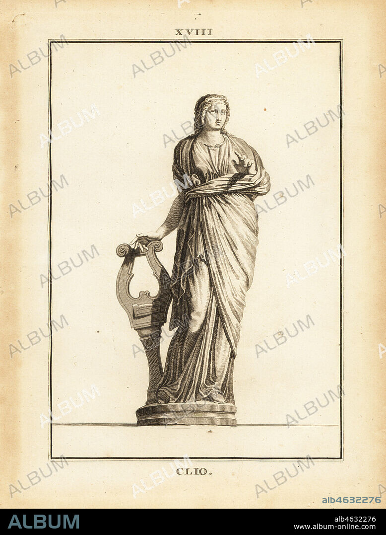 Statue of Clio, Greek muse of history and lyre playing, with lyre. Copperplate engraving by Francois-Anne David from Museum de Florence, ou Collection des Pierres Gravees, Statues, Medailles, Chez F.A. David, Paris, 1787. David (1741-1824) drew and engraved the illustrations based on Roman statues, engraved stones and medals in the collection of the Museum de Florence and the cabinet of curiosities of the Grand Duke of Tuscany.