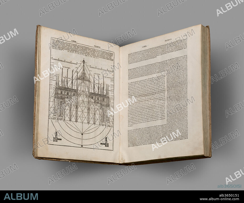 Di Lucio Vitruvio Pollione De architectura Libri Dece traducti de latino in vulgare affigurati: commentati: & con mirando ordine insigniti. Author: Written by Marcus Pollio Vitruvius (Roman, active late 1st century B.C.). Dimensions: Overall: 16 5/8 x 11 5/8 x 1 15/16 in. (42.2 x 29.6 x 5 cm). Illustrator: Illustrated by Cesare Cesariano (Italian, 1476/78-1543). Printer: Printed by Gottardo da Ponte. Publisher: Published by Agostino Gallo (Italian, active 16th century); Published by Luigi Pirovano (Italian, active 16th century). Translator: Translation and Commentary by Cesare Cesariano (Italian, 1476/78-1543); Translated by Benedetto Giovio (Italian, 1471-1545); Translated by Bono Mauro (Italian, active 16th century). Date: 1521.
The publication of Vitruvius's classical text De architectura had a tremendous impact on Renaissance architectural theory. While many printed editions appeared from the late fifteenth century onward, Cesariano's was the first to include modern commentary and significant illustrations. The images promote an idealized vision of space defined by mathematical principles of harmonic order and proportion.