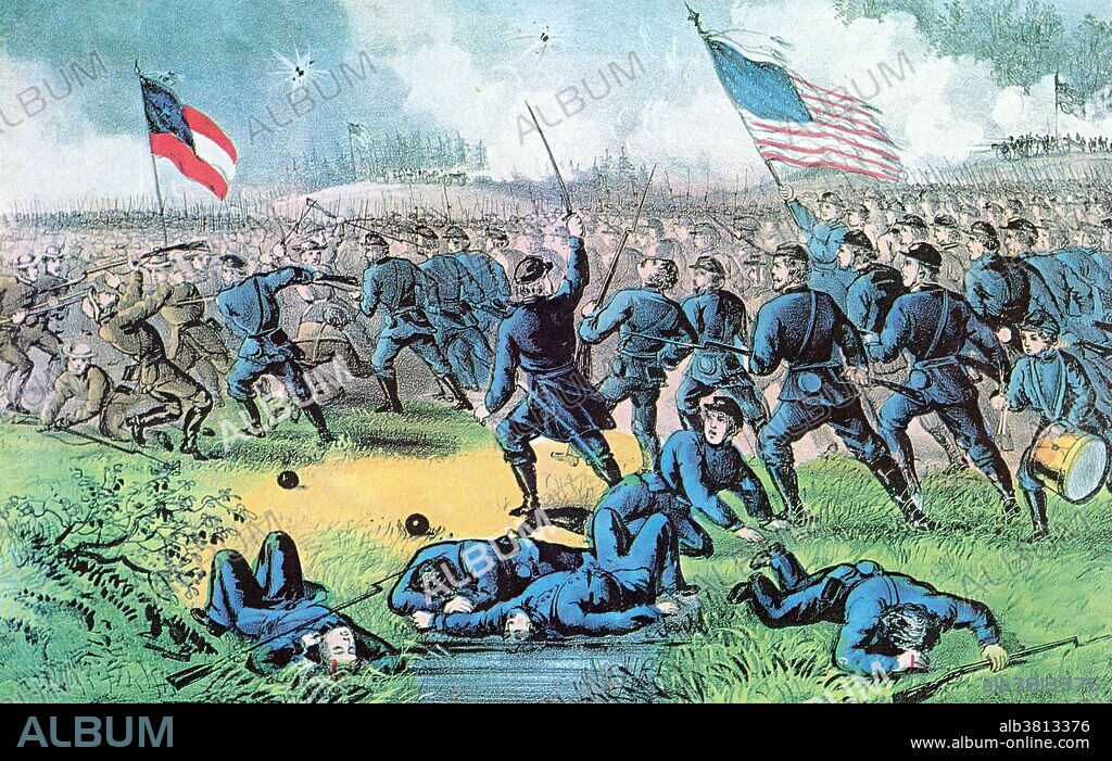 Lithograph entitled and captioned: "Battle of Corinth, Mississippi, October 4, 1862. Between Federal Troops under General Grant and the combined Rebel forces under Generals Van Dorn, Price and Lowell. The rebels were utterly defeated and driven from the field, throwing away their arms and accoutrements that could impede their flight." The Second Battle of Corinth, AKA Battle of Corinth, was fought October 3-4, 1862, in Corinth, Mississippi. For the second time in the Iuka-Corinth Campaign, Union Major General William S. Rosecrans defeated a Confederate army, this time one under Major General Earl Van Dorn. On the second day of battle, the Confederates moved forward to meet heavy Union artillery fire, storming Battery Powell and Battery Robinett, where desperate hand-to-hand fighting occurred. A brief incursion into the town of Corinth was repulsed. After a Federal counterattack recaptured Battery Powell, Van Dorn ordered a general retreat. Rosecrans did not pursue immediately and the Confederates escaped destruction.