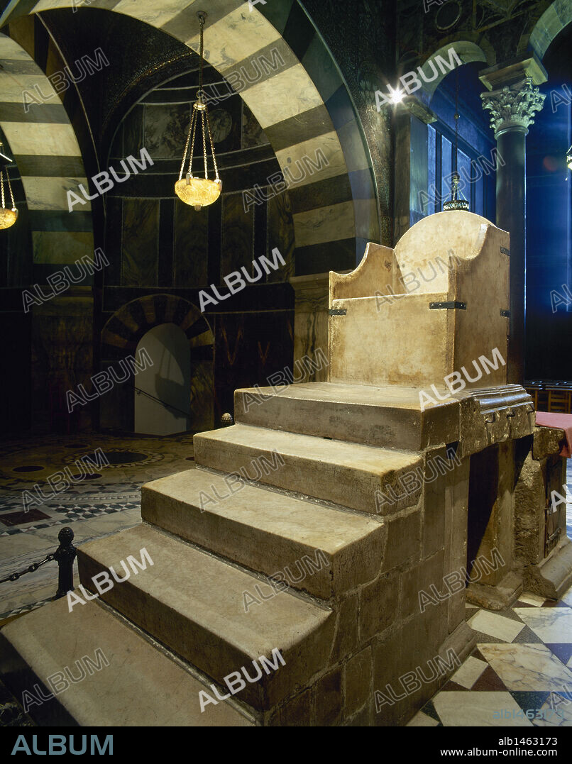 Throne of Charlemagne. C.800. Marble. West side of the upper gallery. Palatine Chapel. Aachen Cathedral. Germany.