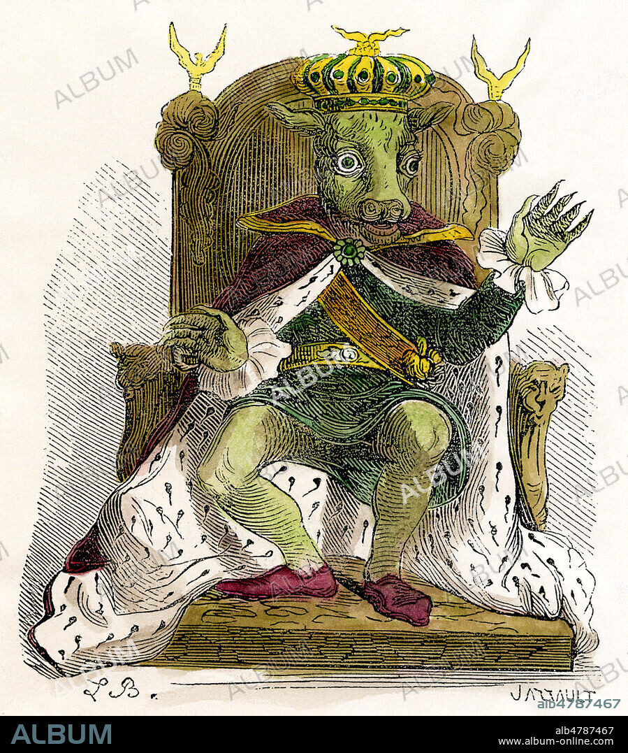 MOLOCH. Prince du pays des larmes. Il etait adore sous la figure d'une statue de bronze ayant une tete de veau surmontee d'une couronne royale. Illustration de 1863 par Louis BRETON (19 s.) pour le Dictionnaire Infernal par Jacques COLLIN de PLANCY (1793-1887). Mise en couleur par nos soins. Credit Collection Jonas/Kharbine Tapabor.