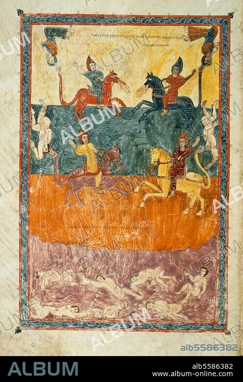 EMERETRIUS (ILLUMINATOR) and ENDE (ILLUMINATORIN). Illumination, mozarabic, monastery S.Salvador de Tábara, Emeretrius (monk) and Ende (nun), 975. The four horsemen of the apocalpyse. (Rev. 6,1-9). From the Beatus of Gerona (Beato de Liébana, In apocalypsin commentarius - apocalypse commentary, 786). On parchment, 400 × 260 mm. Ms. 7 (11), fol. 159 v, Gerona, Museo Capitular de la Catedral.