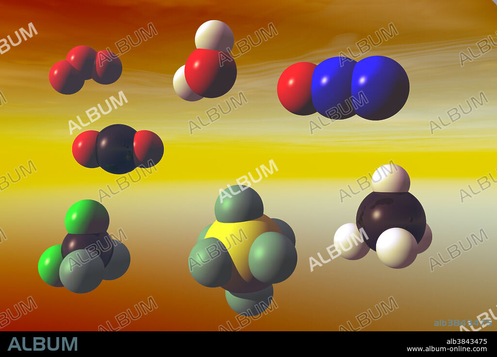 Molecular models of greenhouse gases shown clockwise from top left: ozone (O3), water vapour (H2O), nitrous oxide (N2O), methane (CH4), sulphur hexafluoride (SF6), CFC-12 (CCl2F2, also called dichlorodifluoromethane and Freon-12) and carbon dioxide (CO2). The atoms are colour-coded sphere: carbon (black), hydrogen (white), oxygen (red), nitrogen (blue), sulphur (yellow), chlorine (bright green) and fluorine (dark green).
